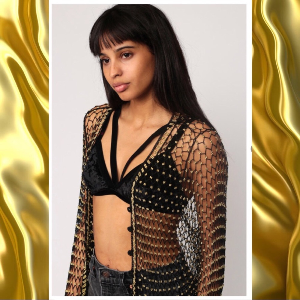 Vintage Beaded Weaved Sheer GOLD Black Cardigan
